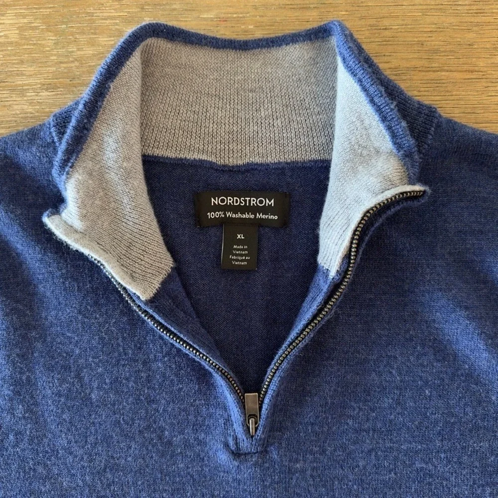 Nordstrom 100% Washable Merino‎ Wool 1/4 Zip Sweater-Blue-Contrast Neck-Size XL